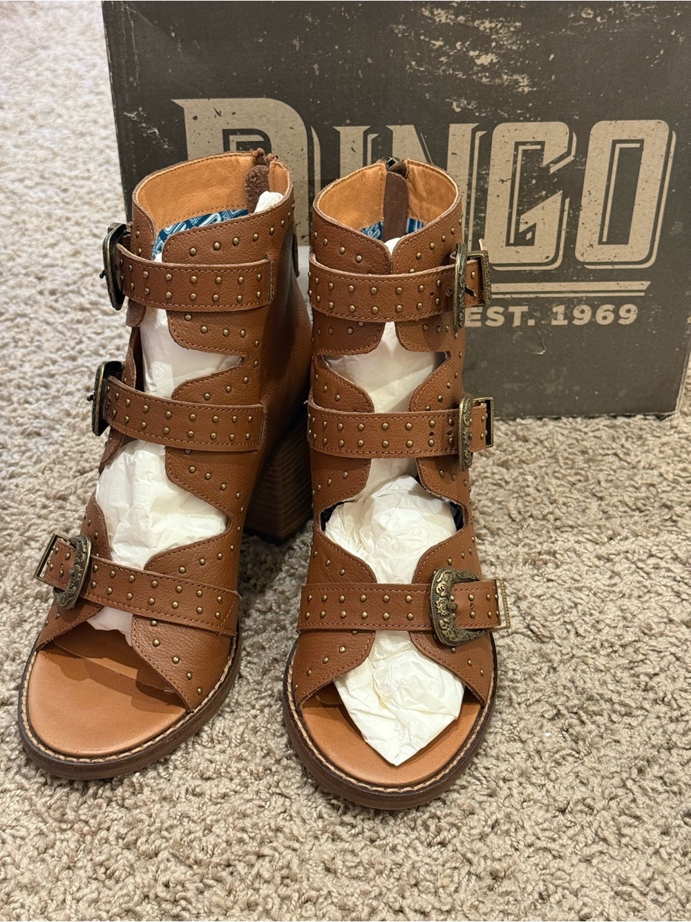 dingo Brown Studded Buckle Cutout Ankle Booties